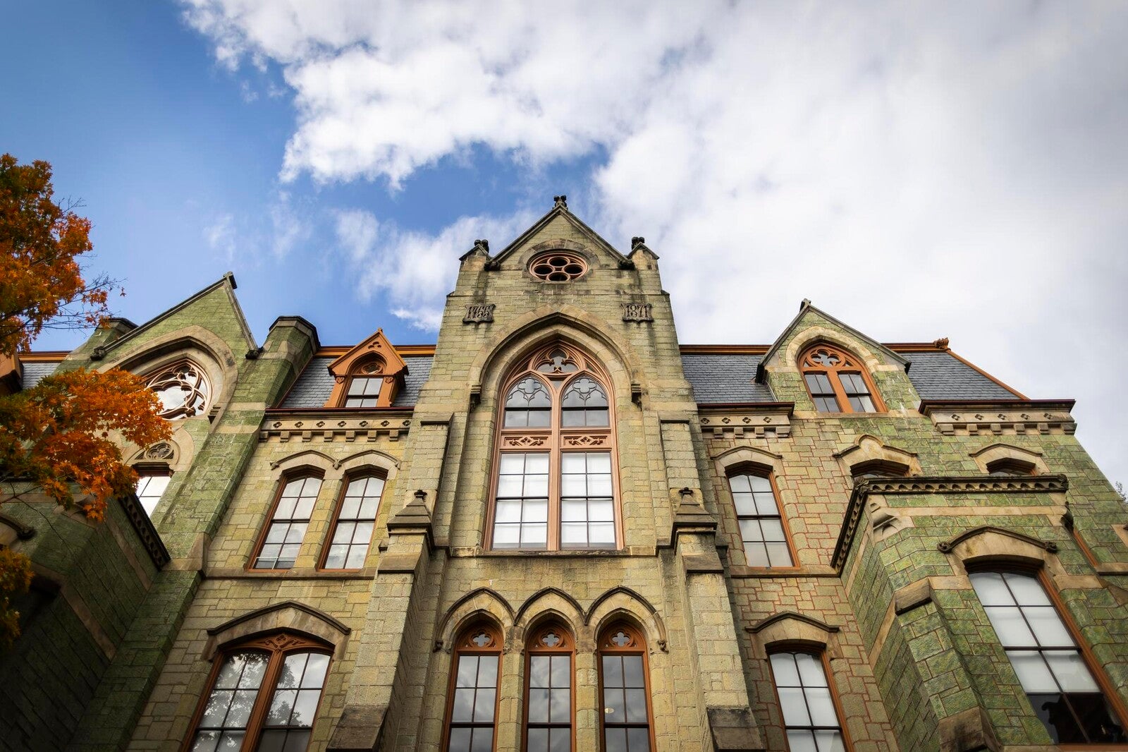 college hall with tree and clouds