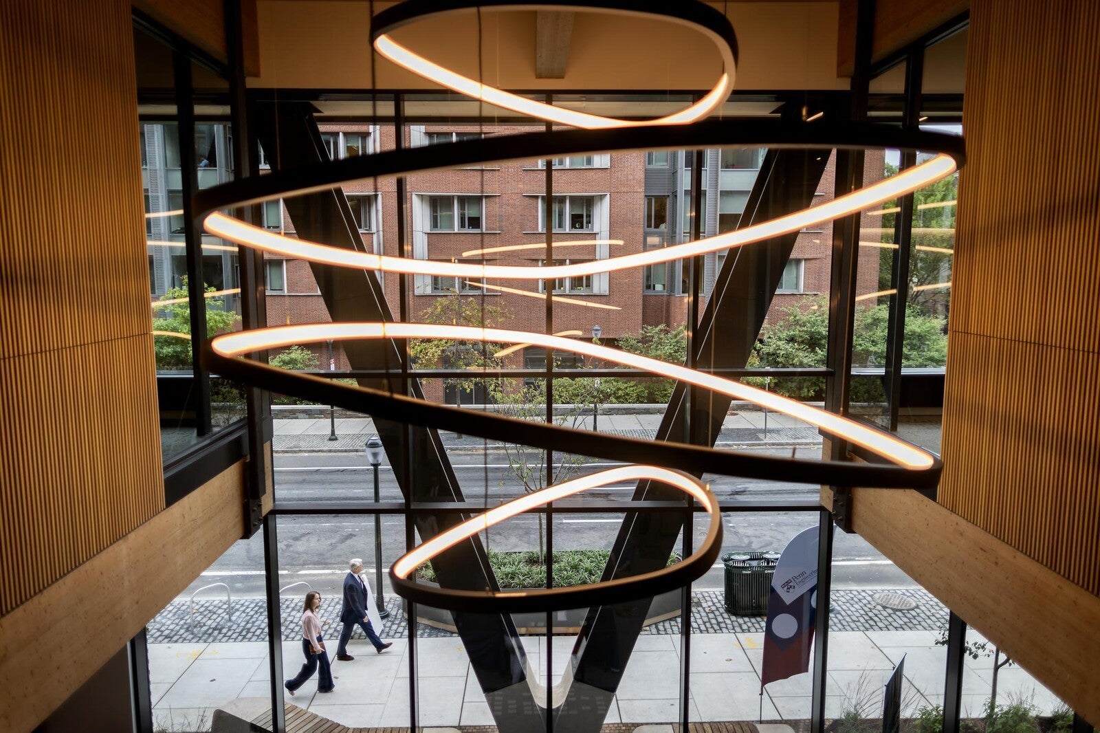 amy gutmann hall lobby with hanging light sculpture