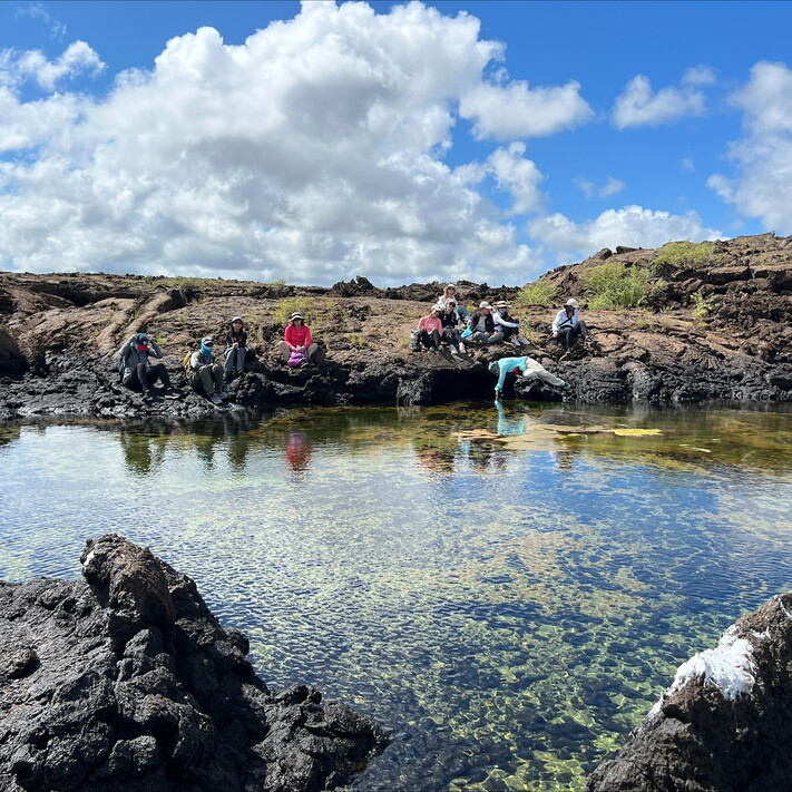 students studying the galapagos and sitting waterfront